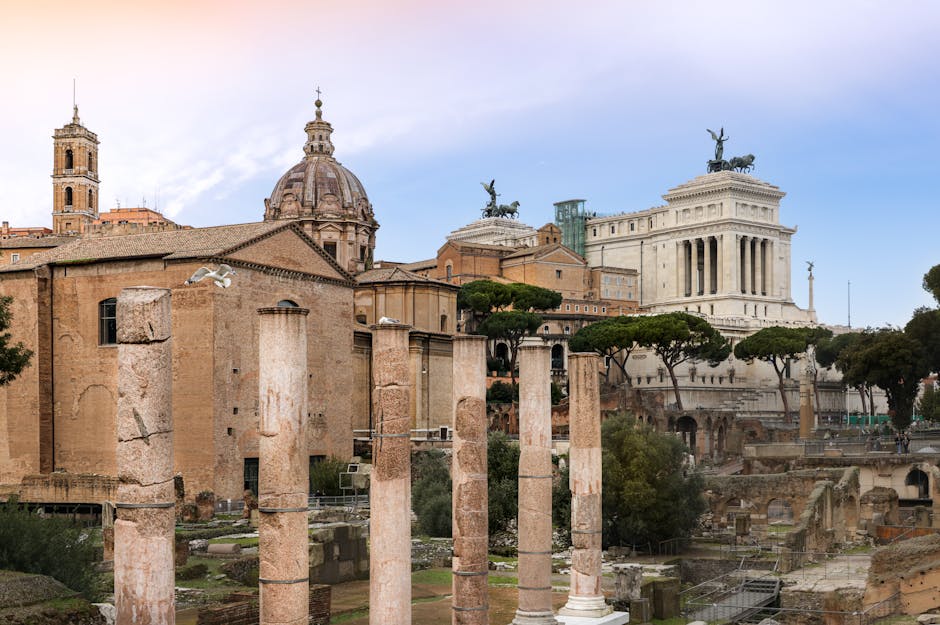 Explore the ancient Roman Forum with iconic ruins and historic landmarks at sunset.