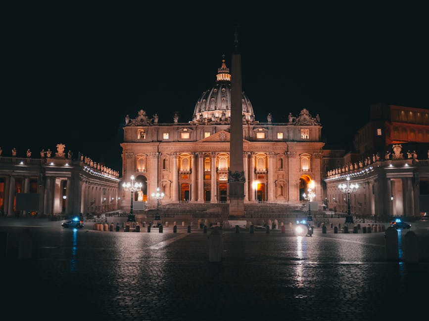 Stunning night view of St. Peter's Basilica in Vatican City, a renowned travel destination.