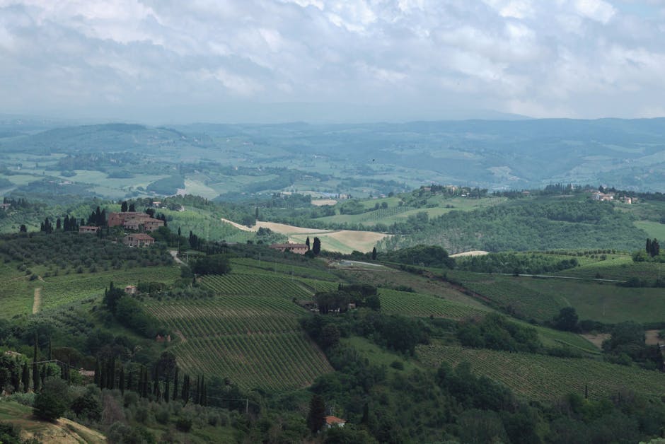 Stunning aerial shot of Tuscany's rural landscape with vineyards and rolling hills under a cloudy sky.