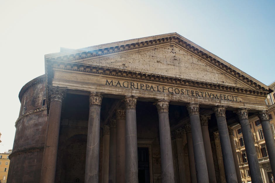 Exterior view of the ancient Roman Pantheon in Rome, showcasing classical architecture and grandeur.